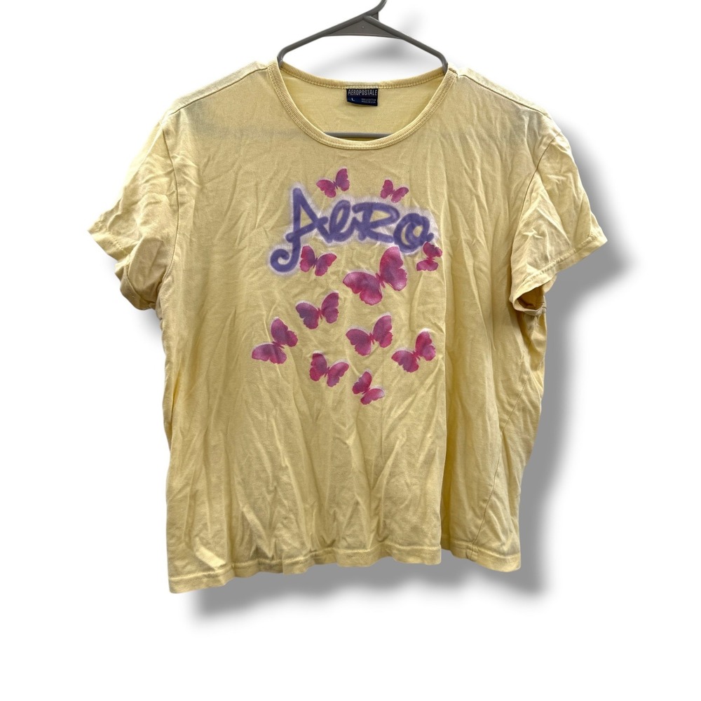 Vintage Y2K Aeropostale Butterfly Graphic Tee Womens L Yellow USA Made Grunge